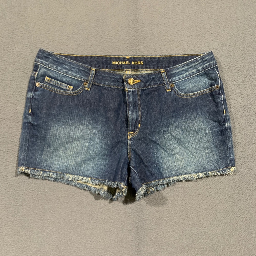 Michael Kors Denim Shorts Women 10 Dark Wash Frayed Raw Hem Cut Off Blue Jeans
